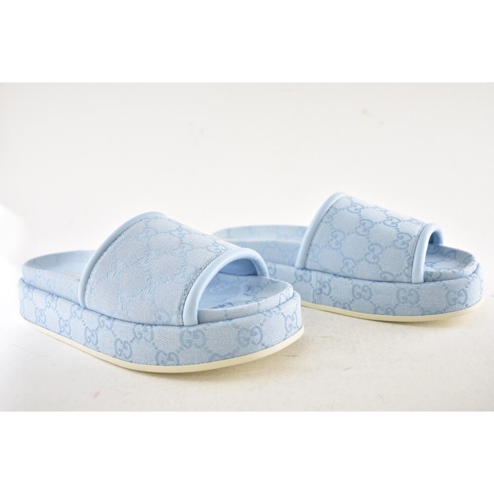 Gucci Light Blue GG Monogram Logo Canvas Mule Flat Slide Platform Sandal 39.5 - Picture 4 of 16